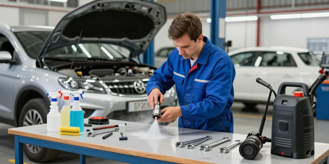 Mechaniker führt DPF Reinigen in einer Kfz-Werkstatt durch, die mit Werkzeugen und Fahrzeugen gefüllt ist.