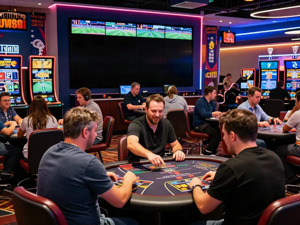 Exciting UK88 betting scene with players engaged in casino and sports activities, vibrant atmosphere.