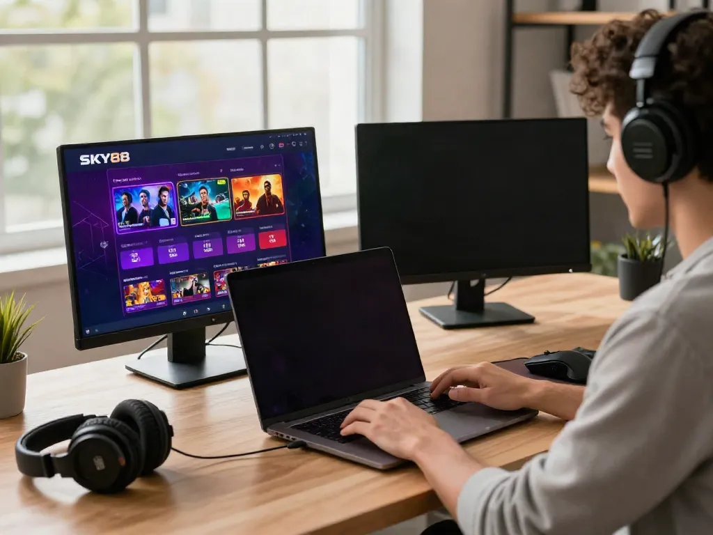 Engaging scene on https://sky88tg.com/ featuring a player immersed in online gaming with dual monitors and a smartphone.
