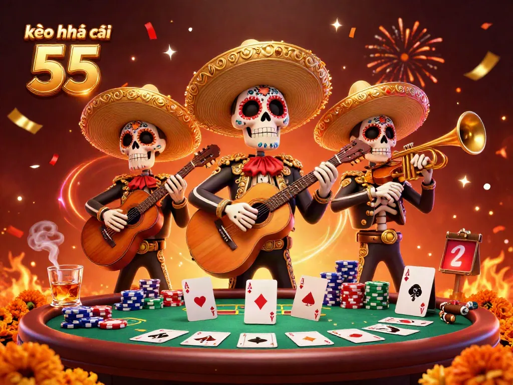 Engage with kèo nhà cái 55 in a vibrant, festive scene featuring mariachi characters and poker elements.