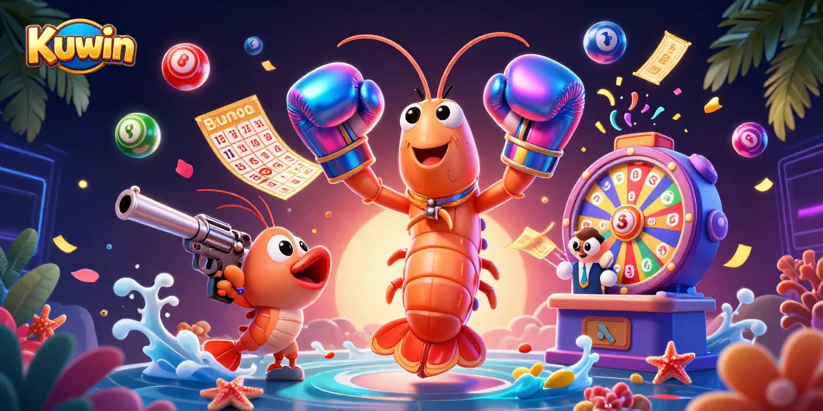 Kuwin offers exciting lottery games featuring colorful bouncing balls and a vibrant prize wheel in an energetic scene.