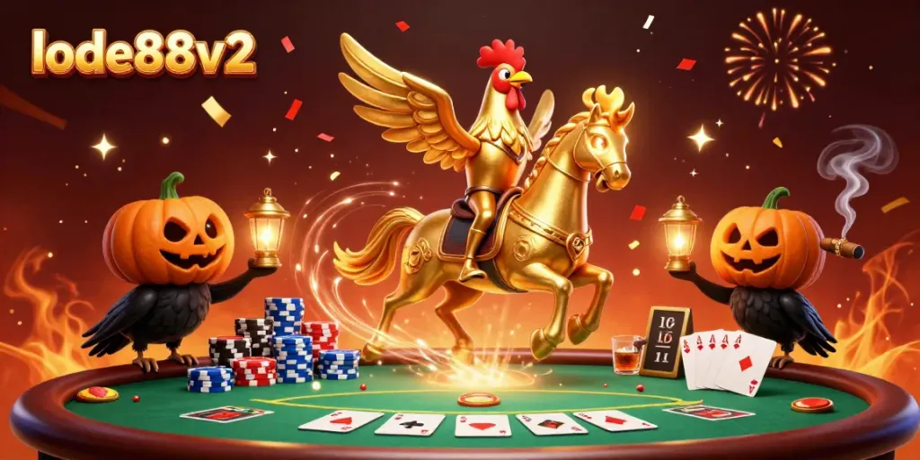Engage with lode88v2 in a vibrant 3D illustration showcasing a golden rooster headless horseman at a lively casino.