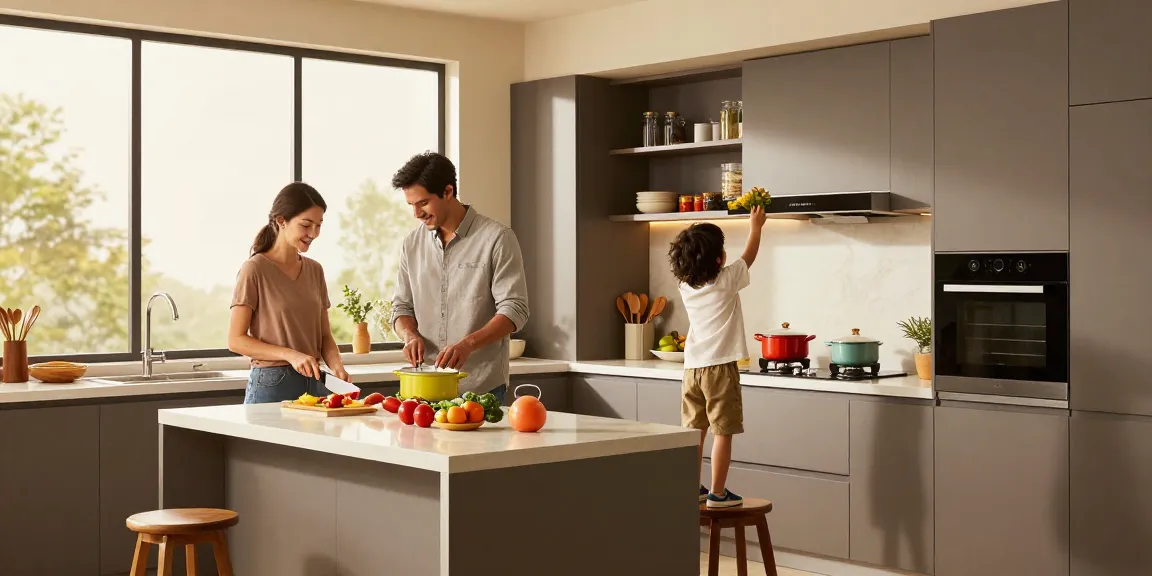 Familie, die gemeinsam in einer modernen Küche Mahlzeiten zubereitet, und zeigt, wie man Möbel mit Lieferung kauft.