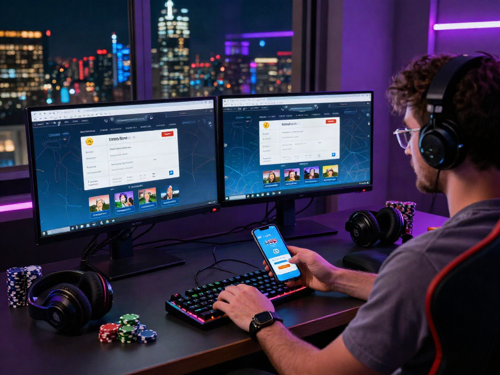 Online gaming workspace featuring rokok88 login interface, dynamic gaming accessories, and city skyline at night.