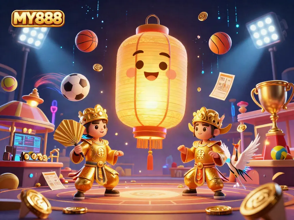 Engage with MY888's thrilling casino experience as a golden lantern spirit illuminates a vibrant scene filled with sports and gaming elements.
