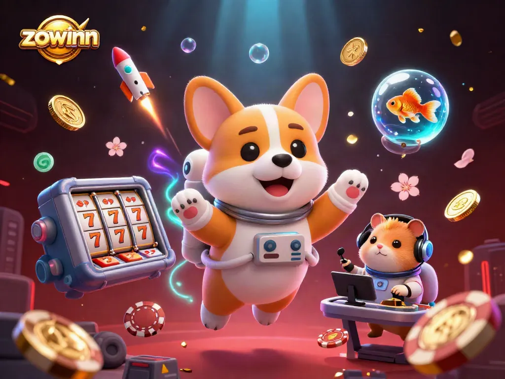 Zowinn's astronaut corgi enjoys floating in a vibrant space casino filled with dynamic poker chips and lucky symbols.