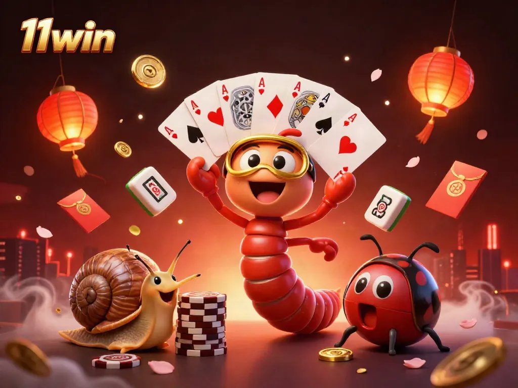 Experience the excitement of 11win with a vibrant casino scene featuring cartoon characters and festive elements.