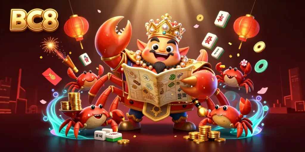 Experience exciting gameplay with BC8, featuring a colorful scene of a golden crab emperor surrounded by treasure and festive elements.