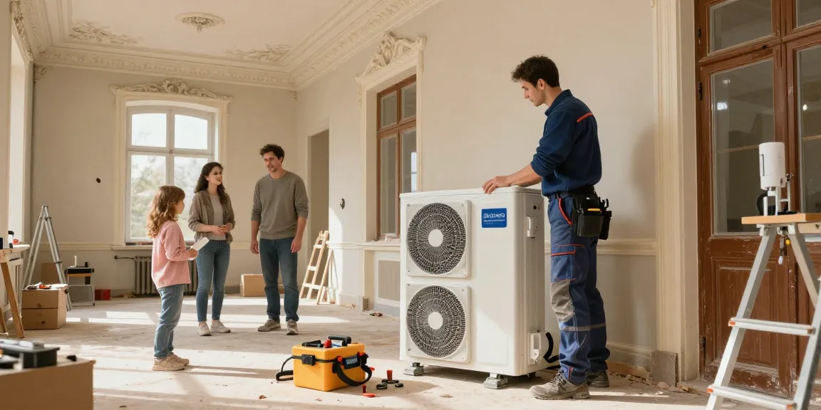 Installing a wärmepumpe im altbau with family observing in a cozy historic setting.