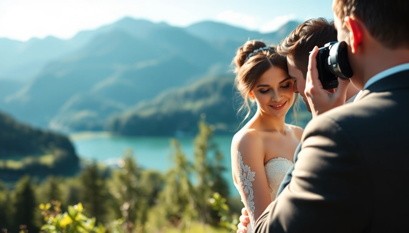Hier fotografiert ein Hochzeitsfotograf Schliersee ein glückliches Ehepaar in einer malerischen Umgebung.
