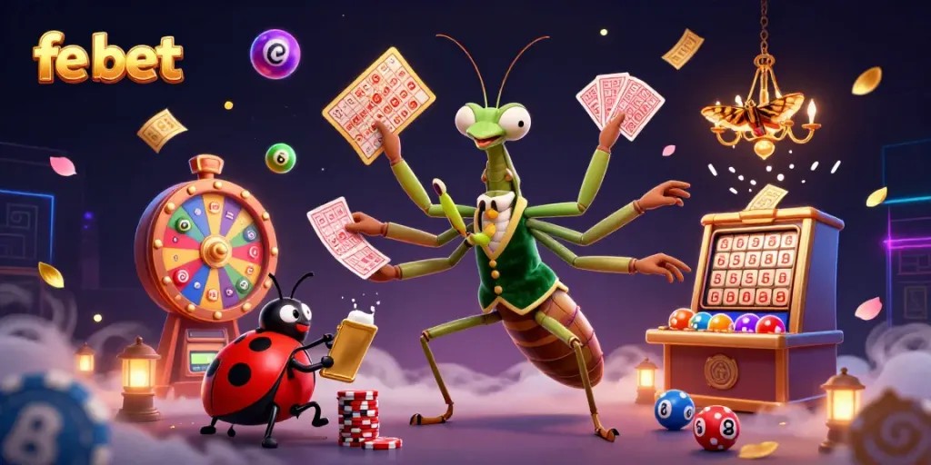 Engage with exciting fe bet experiences illustrated by a dynamic casino scene featuring vibrant characters and elements.