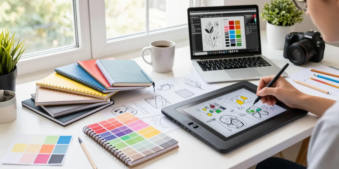Designer customizing custom printed notebooks at a vibrant workspace with art supplies and colorful swatches.