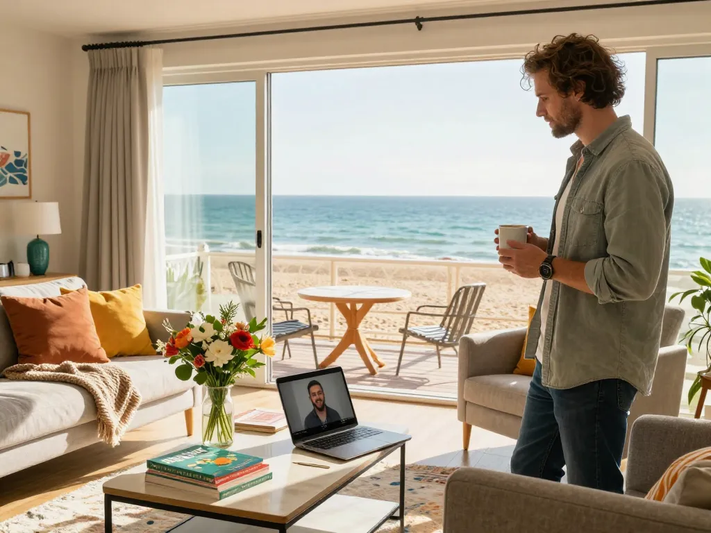 Airbnb management Brighton - Relaxed host in stylish living room engaging with guests, coastal views and inviting decor.