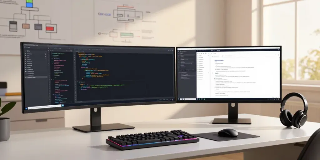 Secure code review in software development environment with coding tools and clean workspace.