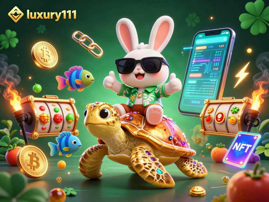 Experience luxury111 with the lucky rabbit at a vibrant casino scene, riding a golden turtle.