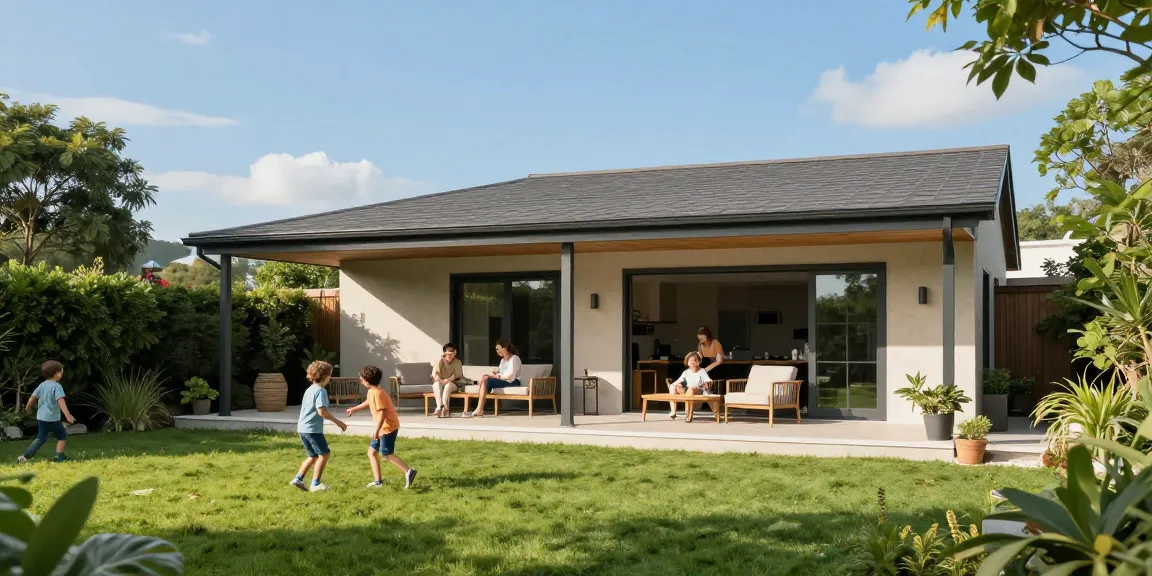 Familie unter einer freistehenden Terrassenüberdachung im Garten genießt den sonnigen Tag.