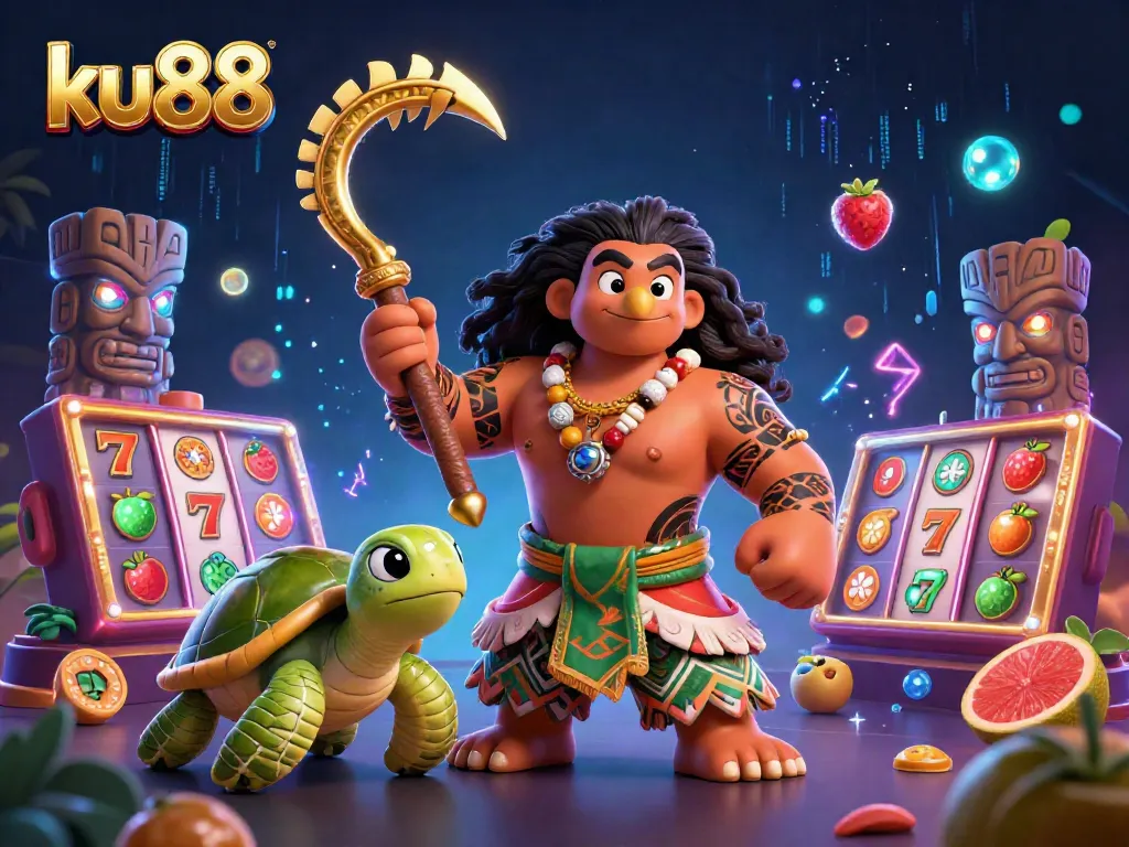 ku88 presents an exciting casino scene featuring dynamic slot reels and a Polynesian demigod in vibrant colors.
