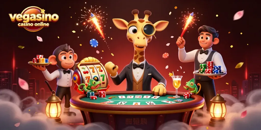 Experience the thrill of vegasino casino online with high-roller characters enjoying a packed gaming scene