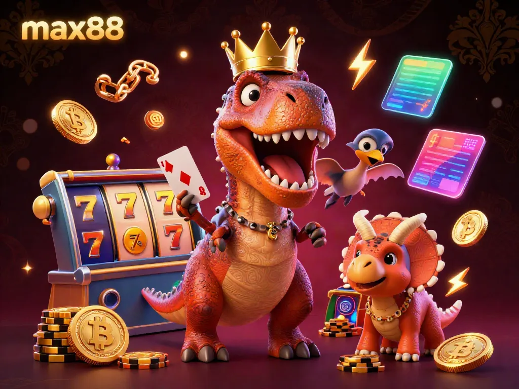 Engage with max88's vibrant casino experience featuring a T-Rex card dealer and playful dinosaurs in action.