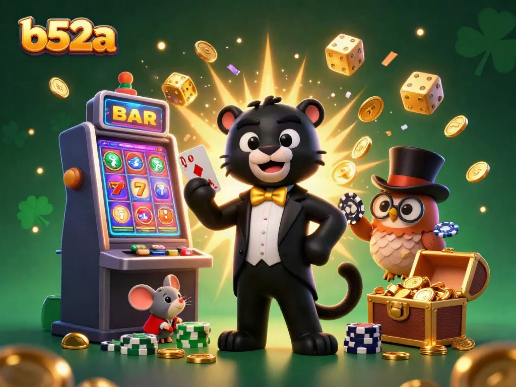 Engage with b52a's vibrant casino scene featuring a panther dealer and playful characters surrounded by colorful slots and chips.