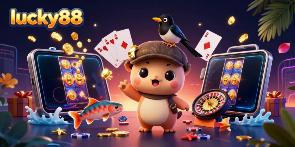 Experience the thrilling world of lucky88 with a playful Nessie and vibrant casino elements.