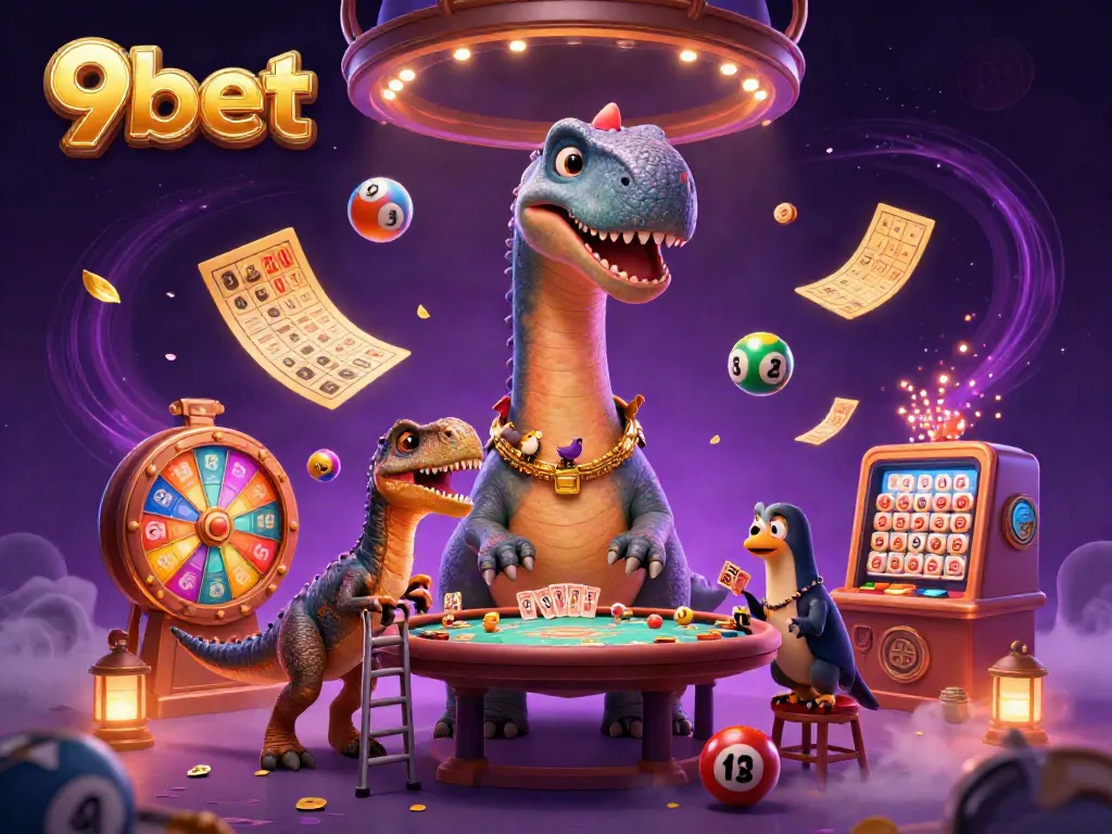 Engage in thrilling casino fun with 9bet, featuring vibrant characters and dynamic lottery elements.