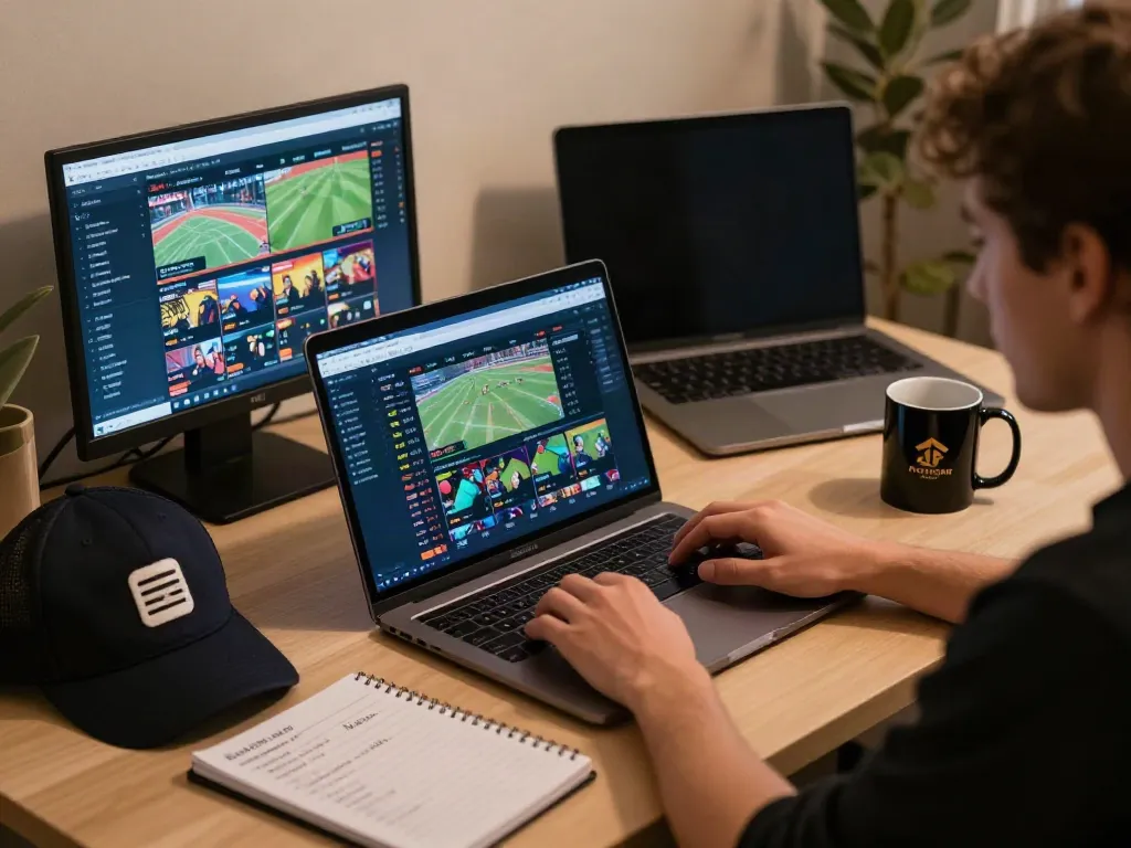 Engaging home office scene illustrating Alternatif Bola88 online betting experience.