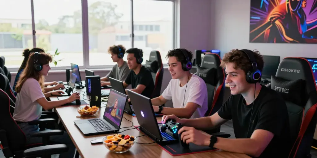 Friends gaming together, showcasing rokok88 login excitement in a vibrant setup.