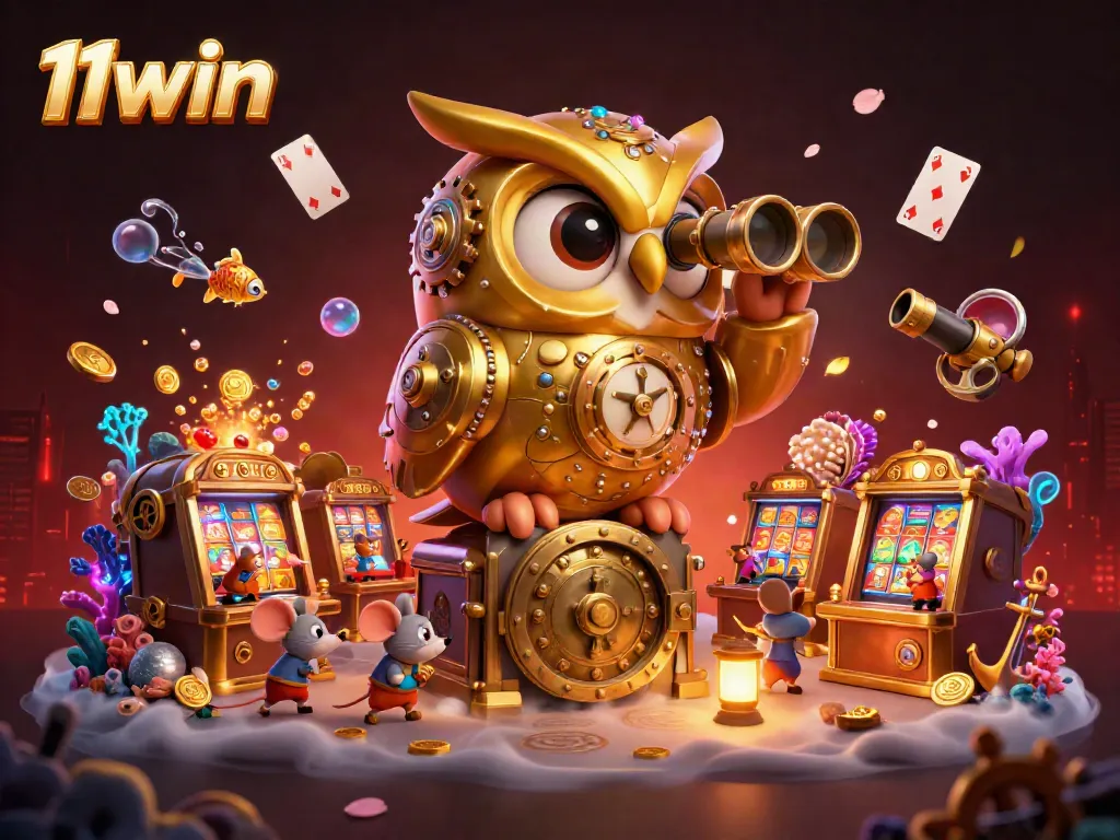 Experience the thrill of 11win with a vibrant casino scene featuring a golden owl and energetic gaming atmosphere.