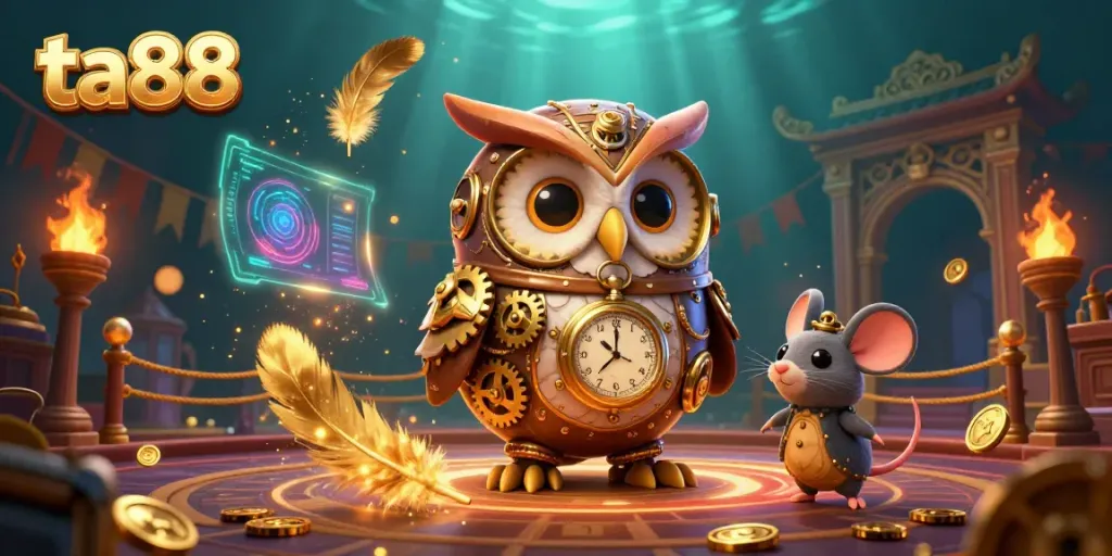 Experience thrilling gameplay at ta88 with a steampunk owl and clockwork mouse in a vibrant casino scene.