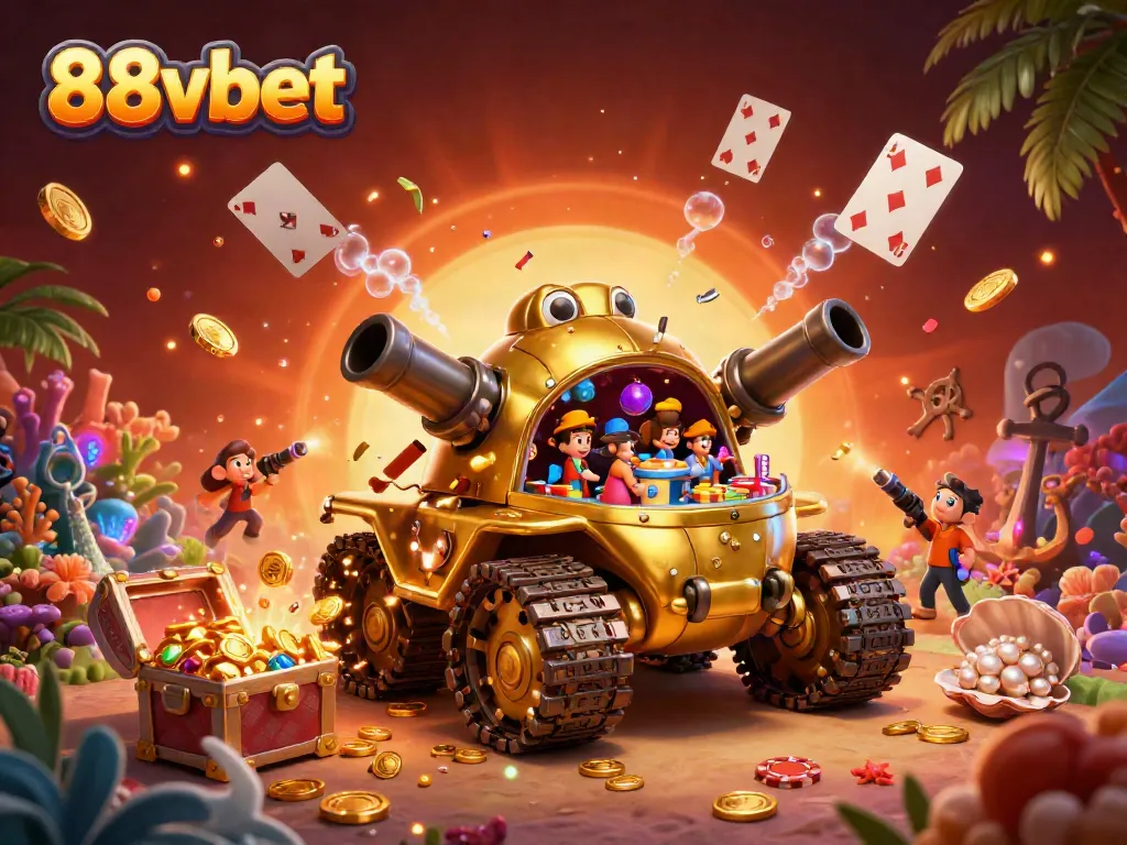 Experience the excitement of 88vbet with a playful golden beetle tank revealing a miniature casino, packed with action.