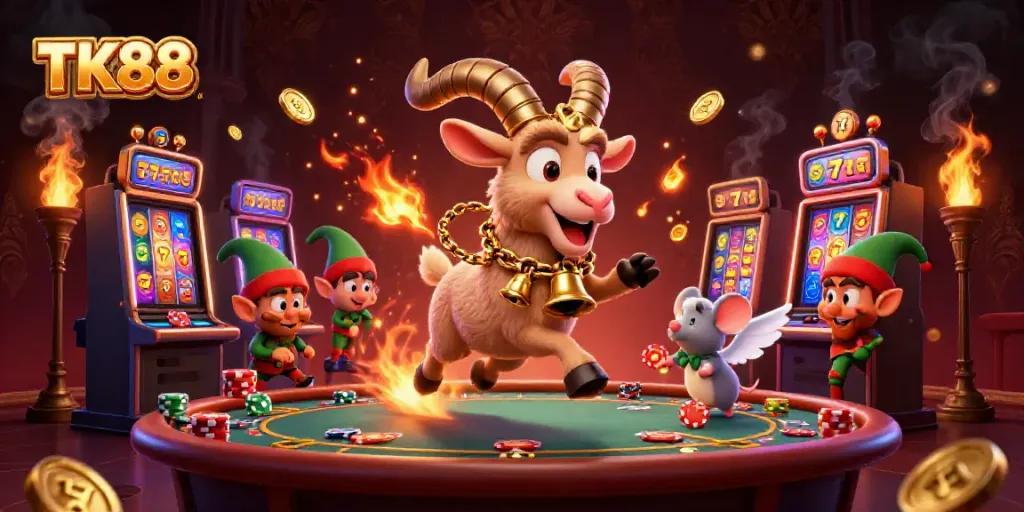 Experience the excitement of TK88 with a festive casino scene featuring Krampus, an angel mouse, and mischievous gremlins.