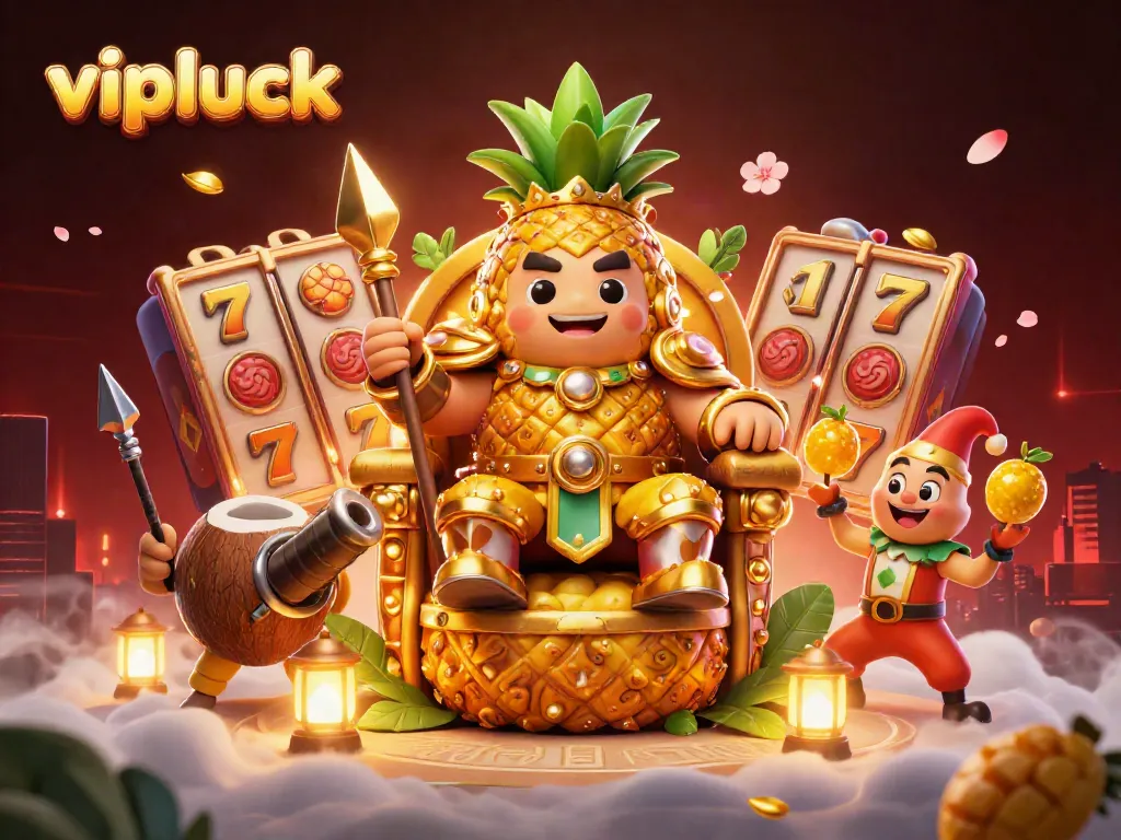 Engage with vipluck in a vibrant casino scene featuring a golden pineapple king and lucky elements.