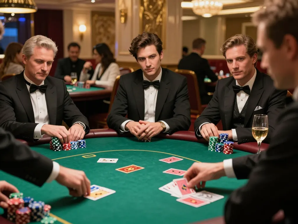 DA88 players strategizing in an upscale poker game, showcasing high stakes and tension in a luxurious casino.