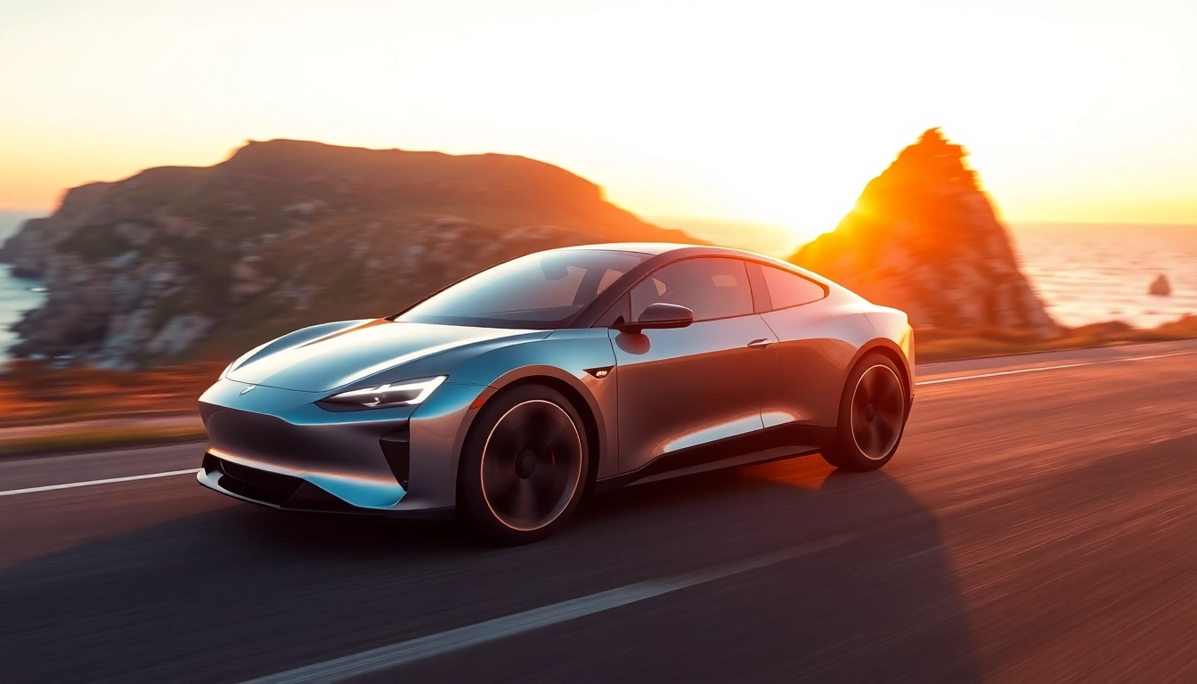 Fahrzeug Elektroautos fährt auf einer Küstenstraße mit dramatischer Hintergrundlandschaft.