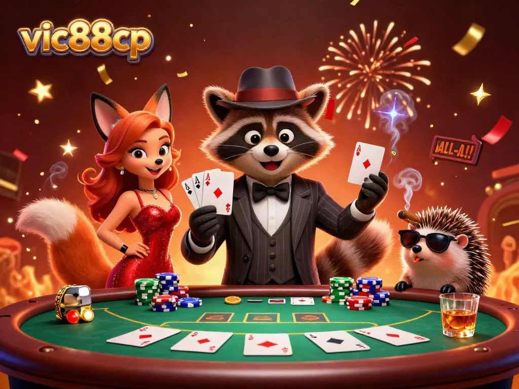 Experience high-stakes poker action with vic88cp as charming characters celebrate their wins around a vibrant table.