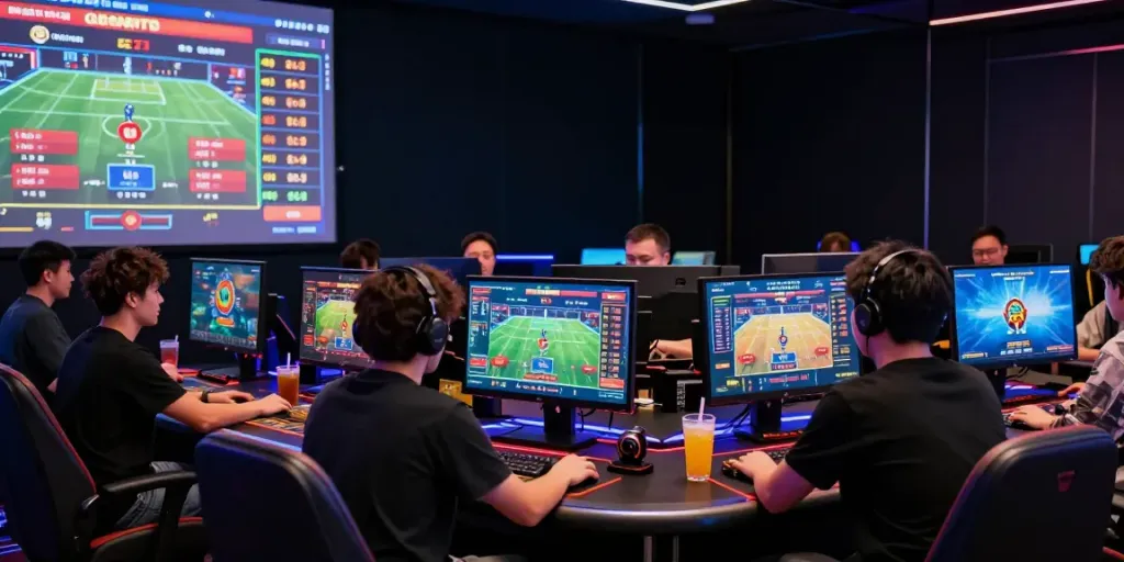 Man88 vibrant gaming scene with diverse players enjoying online sports betting and casino games.