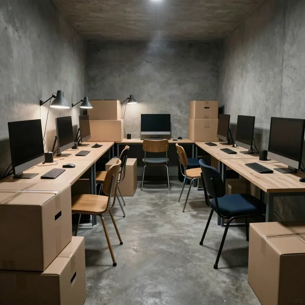 Überfüllter Startup-Arbeitsplatz mit offenen Kisten, dunklen Monitoren und gemischten Stühlen.