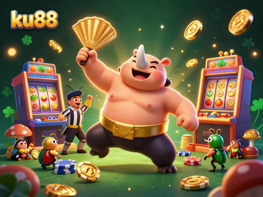 ku88 features a dynamic scene with a rhinoceros beetle champion and vibrant slot machines.