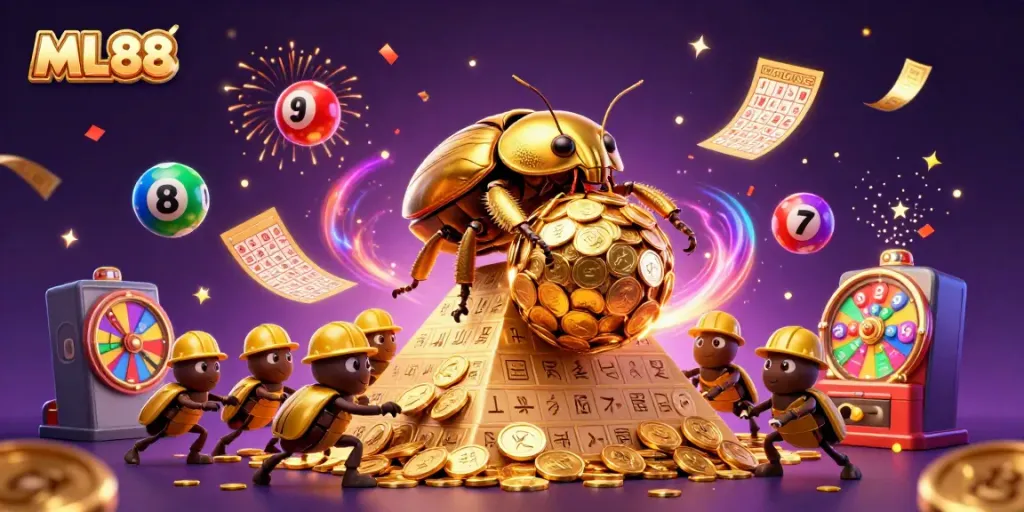 ML88 offers a festive atmosphere with golden beetles promoting lucky lottery elements in a dynamic casino setting.