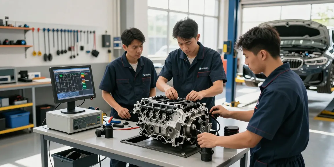 BMW Spezialisten führen präzise mechanische Reparaturen in einer professionellen Autowerkstatt durch.