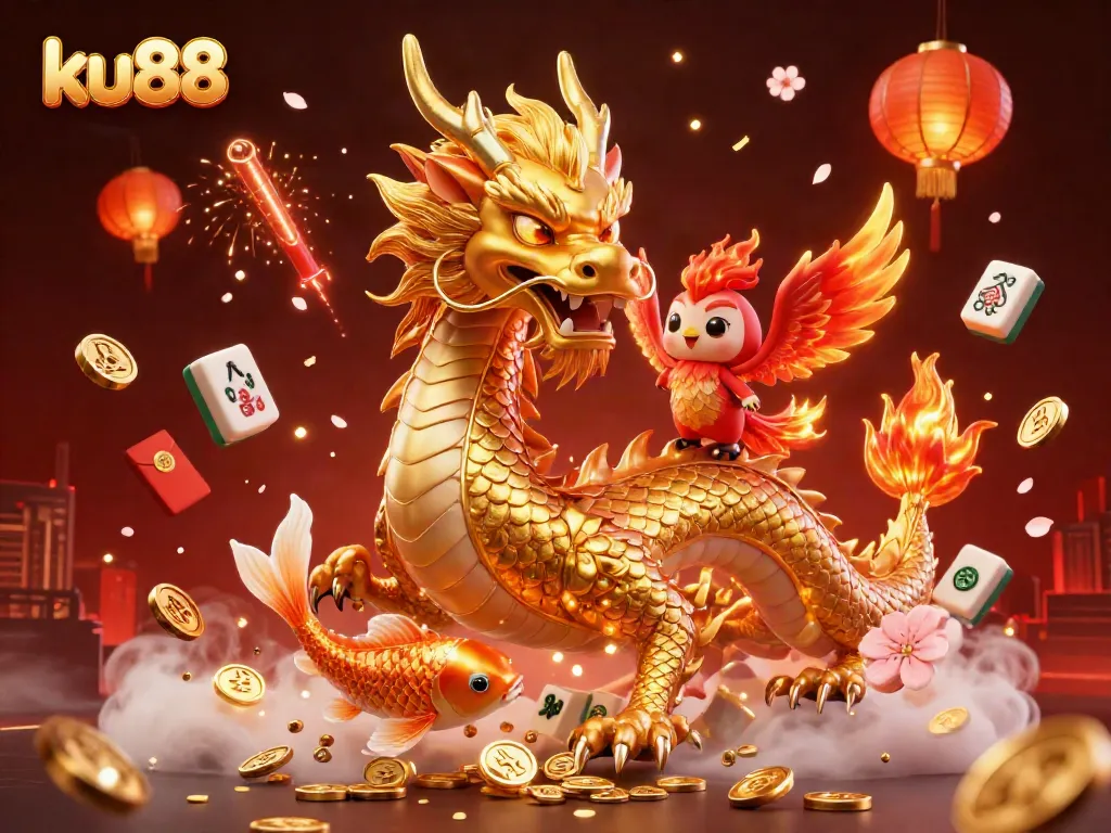 ku88 showcases lively casino action with a golden dragon, phoenix, and koi fish amid vibrant game elements.