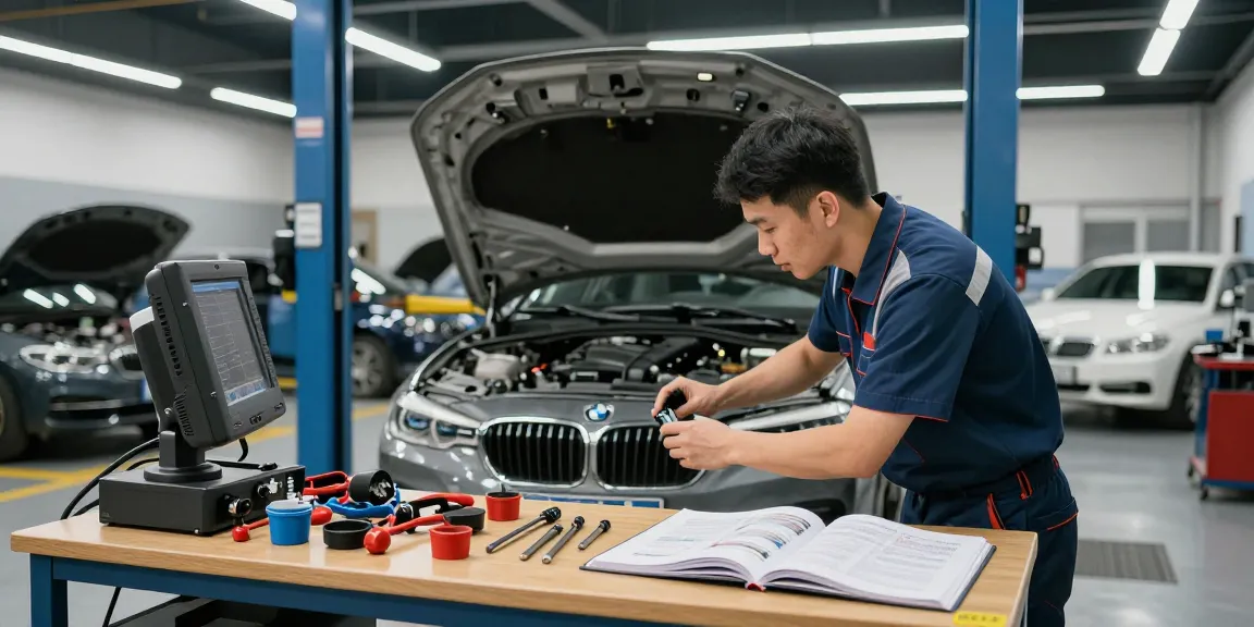 BMW Werkstatt Hannover - Mechaniker inspiziert BMW-Motor in professioneller Werkstatt.
