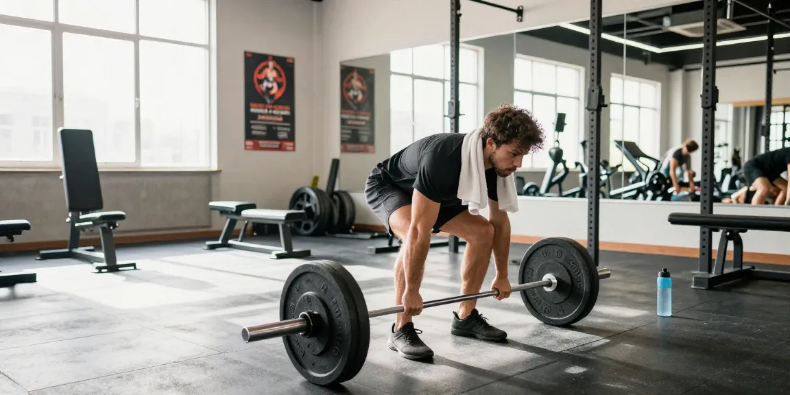 Anabolika Shop: Fitness-Enthusiast zeigt Deadlift-Technik im modernen Gym mit anregender Atmosphäre.