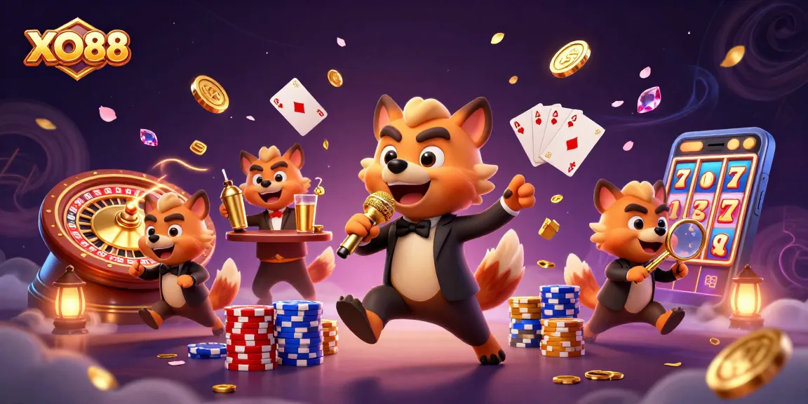 Join the excitement at XO88 with a lively 3D cartoon casino scene featuring hyenas in action.