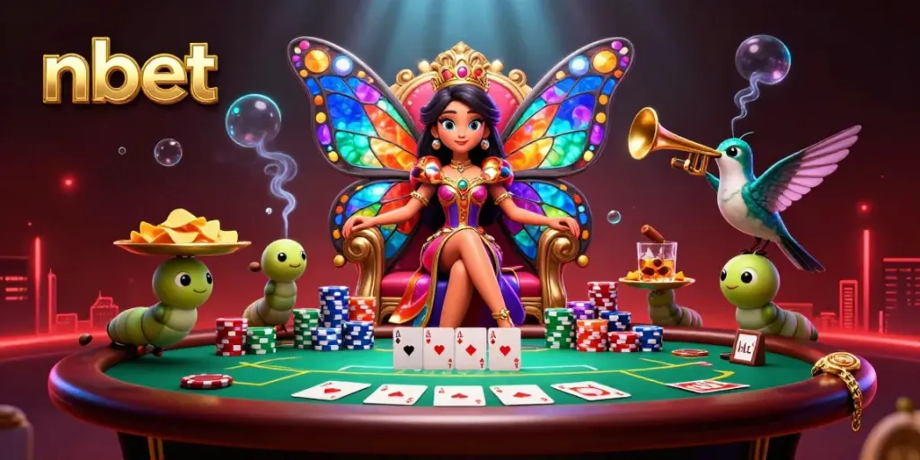 Experience thrilling poker action with nbet's vibrant 3D casino scene, showcasing a butterfly queen and poker elements.