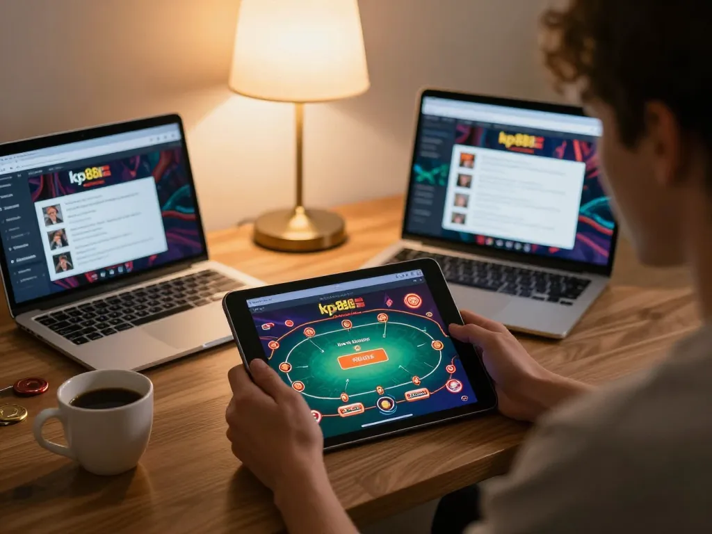 Kp88 online gaming session in a cozy living room with a tablet displaying casino app.