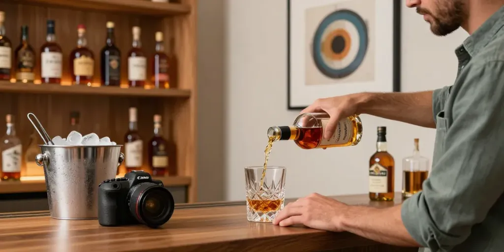 Whisky Sammlung App: stilvolle Bar mit Whisky-Flasche und Glas in warmem Licht.