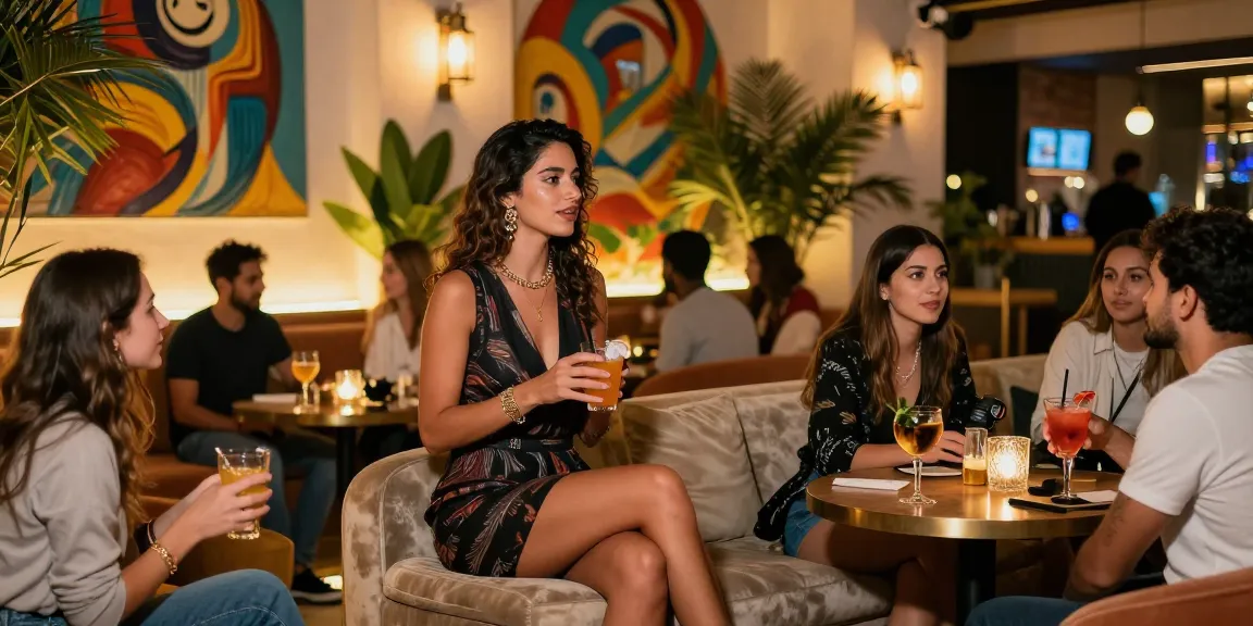 Antalya Escort engaging in lively conversation at a chic lounge with soft ambient lighting and stylish decor.