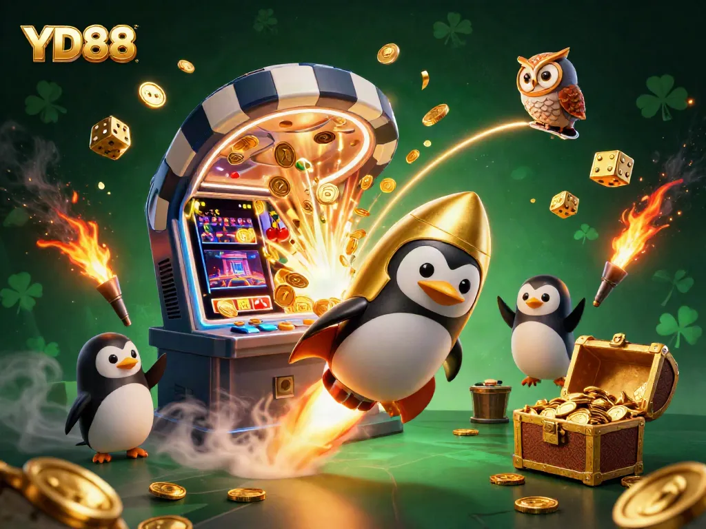 Experience YD88's thrilling casino universe through a golden penguin's jackpot journey.
